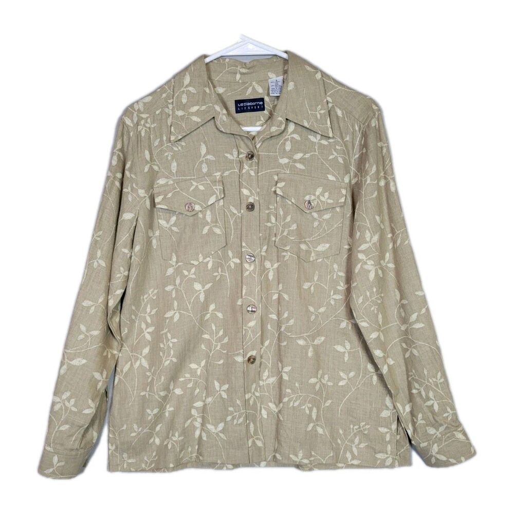 VTG Liz Claiborne Linen Blend Oversized Button Up Shirt Sz Small Botanical Print